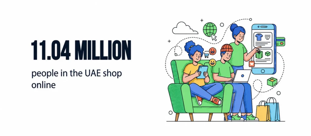 11.04 million people in the UAE shop online illustrated with devices like smartphones, tablets, and laptops
