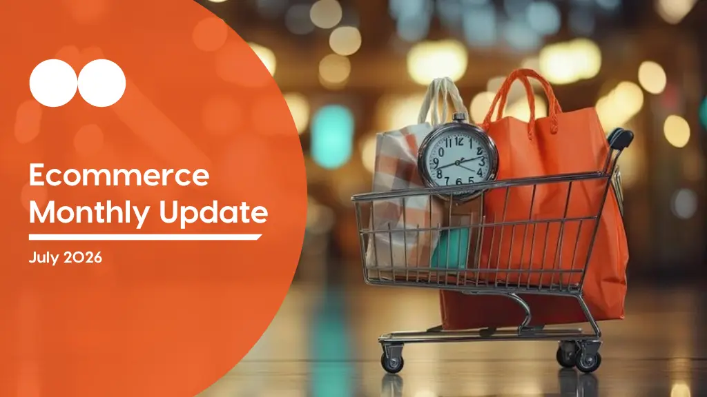 Ecommerce monthly update cover image showing a shopping cart with bags and a clock, representing fast delivery and quick commerce trends in UAE and MENA.