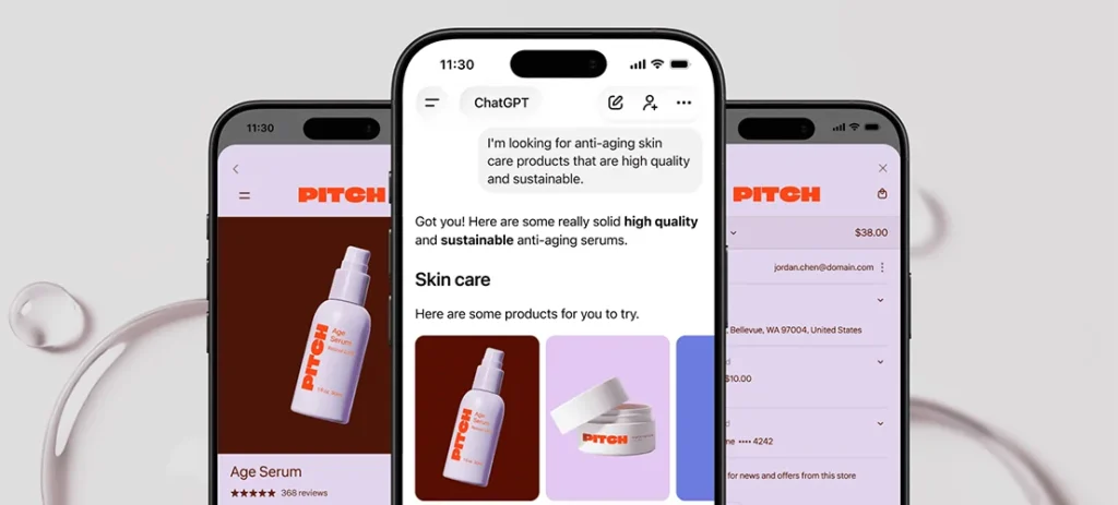 AI shopping assistant recommending skincare products through a mobile ecommerce experience.
